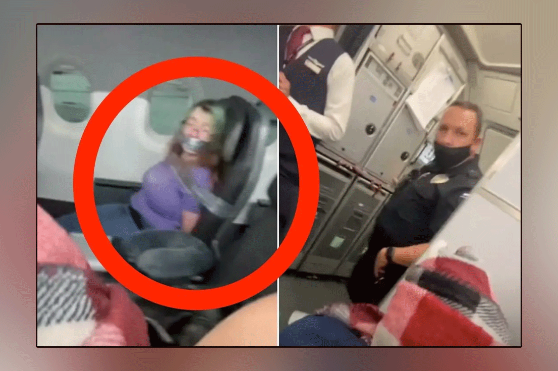 An American woman tried to open the door of the plane, but the crew tied her to the seat